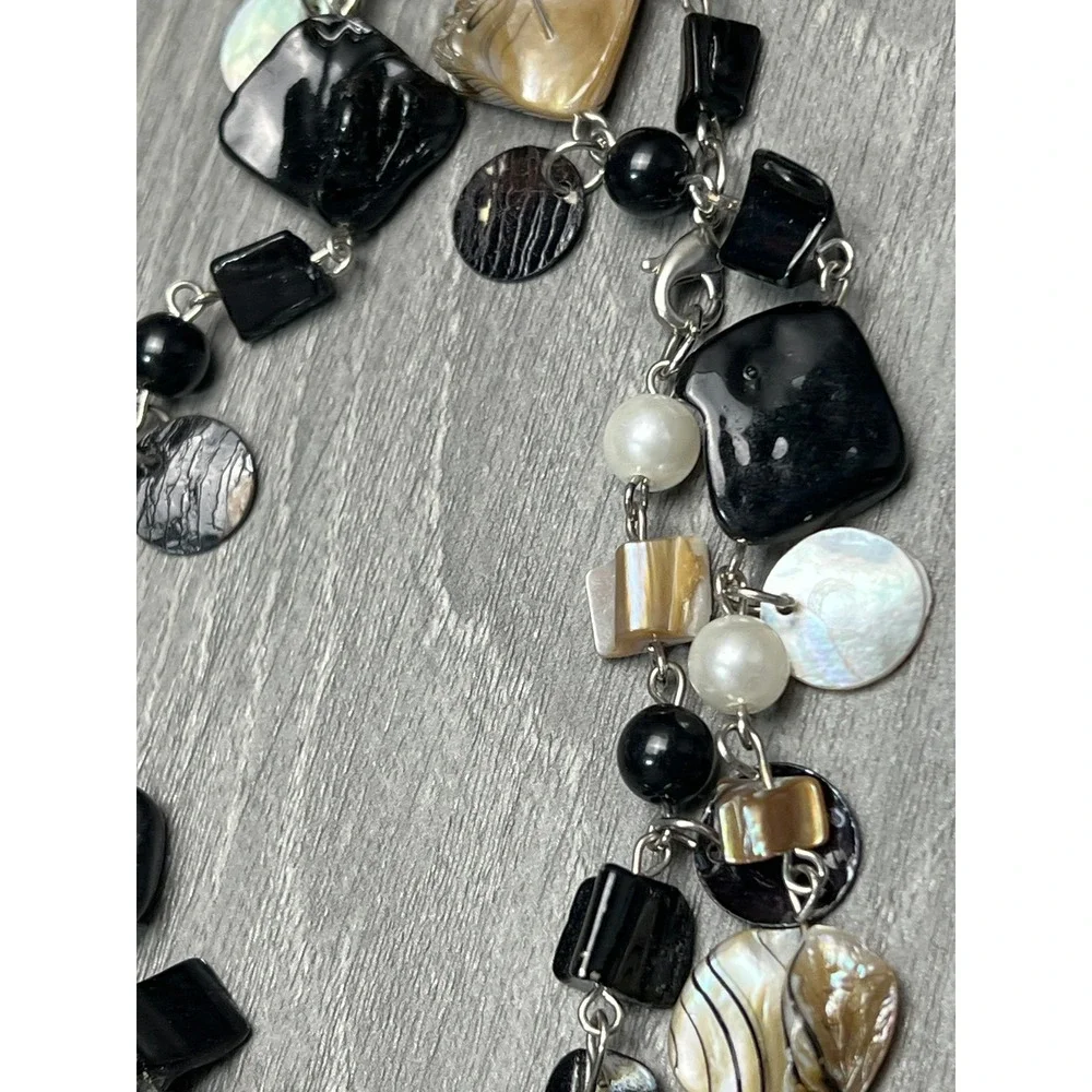 Black Mother of Pearl Shell Faux Pearl Long Layered Statement Necklace Silver